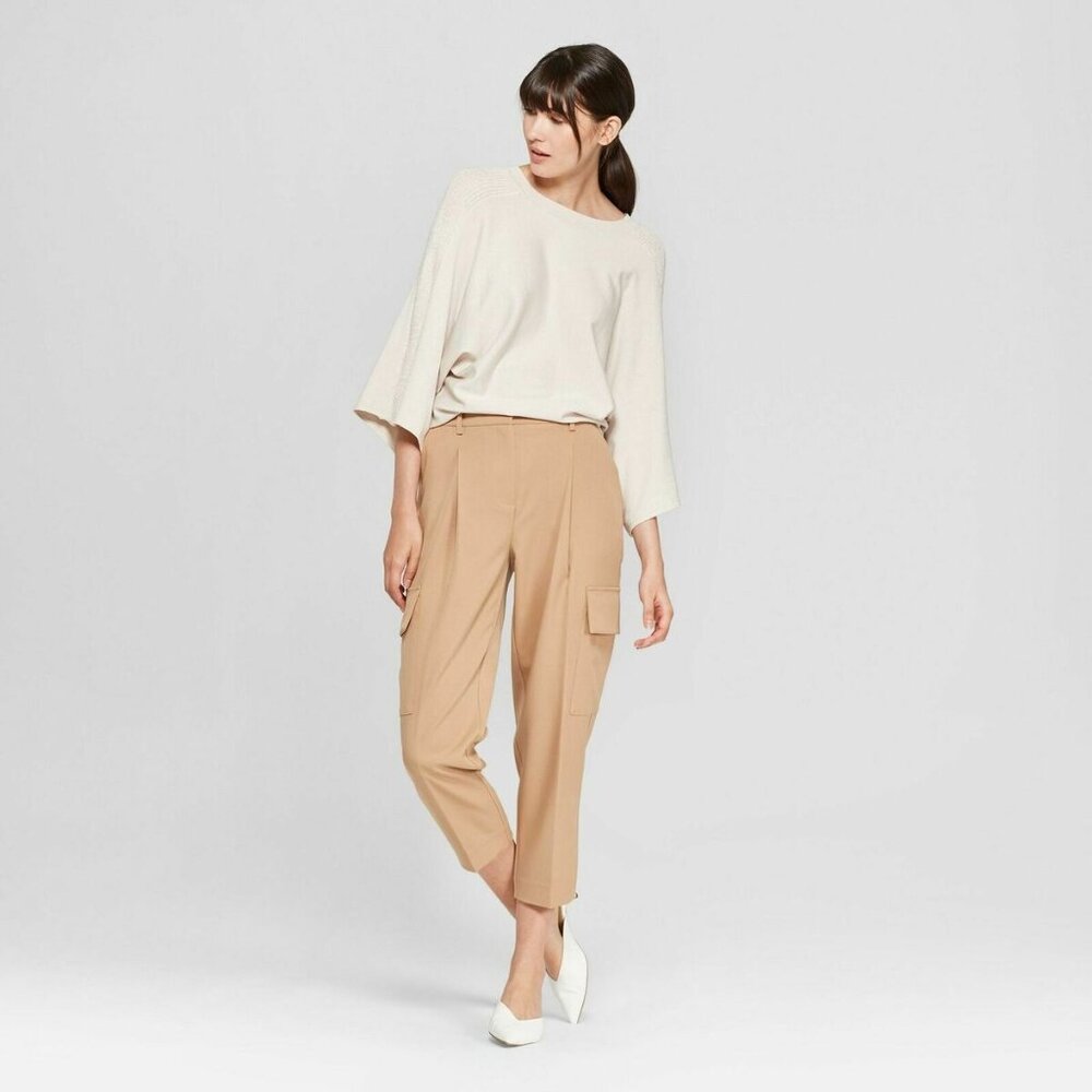 Prologue Tan Cropped Cargo Straight Leg Dress Pant